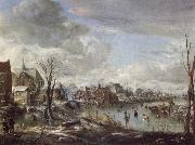 Aert van der Neer A Frozen River Near a Village,with Golfers and Skaters oil on canvas